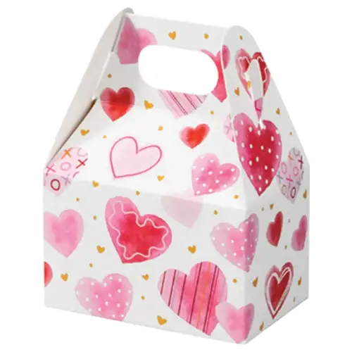 Handmade Hearts mini gable box — pink and red watercolor hearts on white, die-cut top carry handle