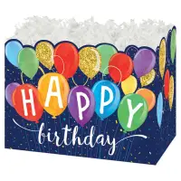 Happy Birthday Balloons gift basket box — navy with colorful balloons and Happy Birthday