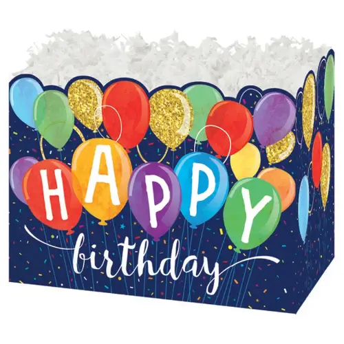 Happy Birthday Balloons gift basket box — navy with colorful balloons and Happy Birthday