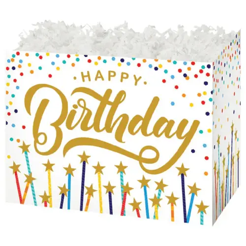 Happy Birthday Stars gift basket box — a gold Happy Birthday with scattered stars