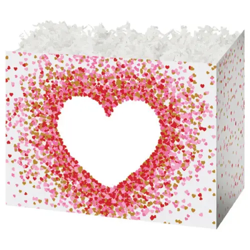 Heart Shaped Confetti gift basket box — a heart-shaped wreath of red and pink confetti hearts on white