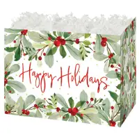 Holiday Berries gift basket box — watercolor greenery and red berries with Happy Holidays on white