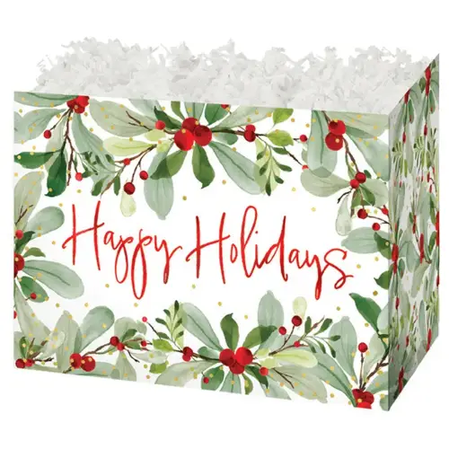 Holiday Berries gift basket box — watercolor greenery and red berries with Happy Holidays on white