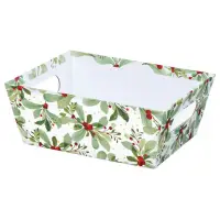 Holiday Berries market tray — white tray with watercolor holly berries, green foliage and gold dots, die-cut side handles for gift baskets