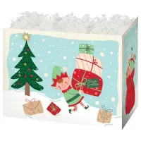 Holiday Helpers gift basket box — a light blue scene with elves, trees and a sleigh