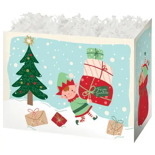 Holiday Helpers gift basket box — a light blue scene with elves, trees and a sleigh