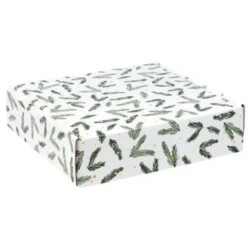 Holly Jolly Christmas decorative mailing box — green holly and pine foliage on white