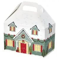 Home for the Holidays large gable box — snowy village houses and pine trees on cream, die-cut top carry handle