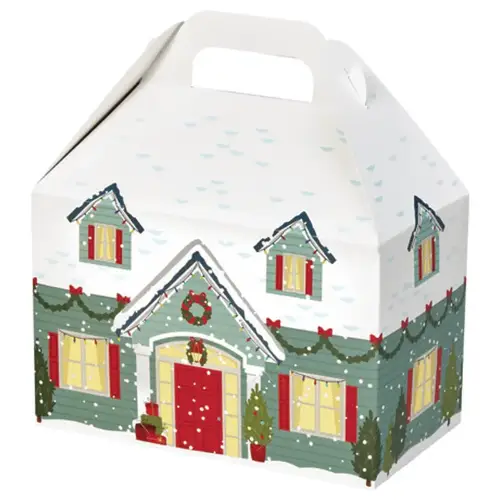 Home for the Holidays large gable box — snowy village houses and pine trees on cream, die-cut top carry handle