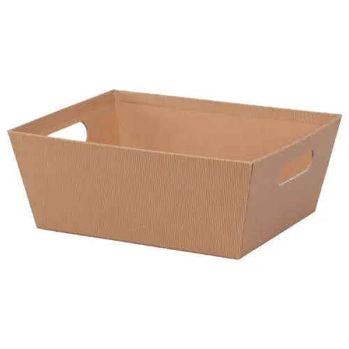 Kraft Stripes market tray — natural kraft paperboard tray with a subtle ribbed pinstripe texture, die-cut side handles for gift baskets