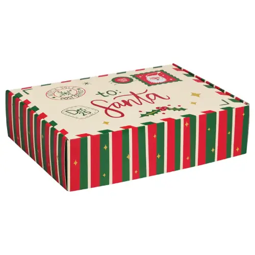 Letters to Santa decorative mailing box — a cream letters-to-Santa print with red and green stripes