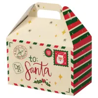 Letters to Santa large gable box — cream letters-to-Santa print with red and green stripes and a Santa stamp, die-cut top carry handle