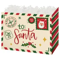 Letters to Santa gift basket box — a cream letters-to-Santa print with red and green stripes and a Santa stamp