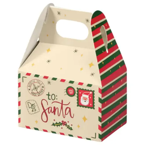 Letters to Santa mini gable box — cream letters-to-Santa print with red and green stripes and a Santa stamp, die-cut top carry handle