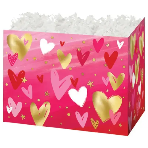 Lovely Hearts gift basket box — pink and red hearts on white