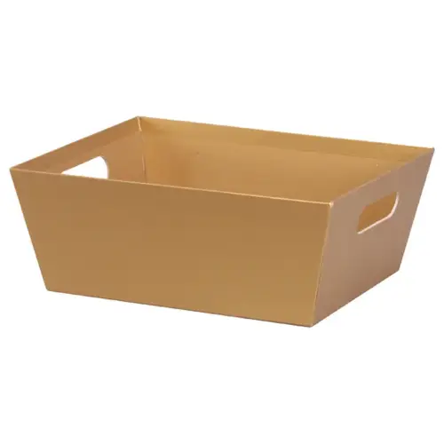 Metallic Gold market tray — metallic gold paperboard tray with an open top, die-cut side handles for gift baskets