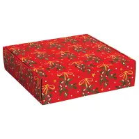 Mistletoe Bows decorative mailing box — red with mistletoe sprigs and gold bows
