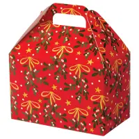 Mistletoe Bows large gable box — red with mistletoe, holly and gold bows, die-cut top carry handle