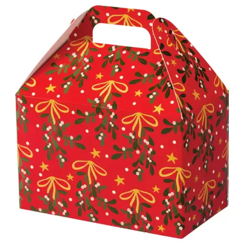 Mistletoe Bows large gable box — red with mistletoe, holly and gold bows, die-cut top carry handle