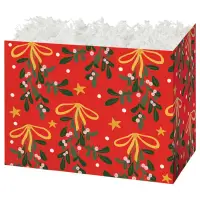 Mistletoe Bows gift basket box — red with mistletoe, holly and gold bows