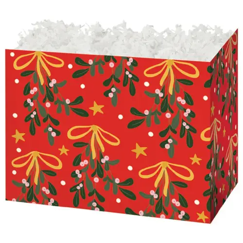 Mistletoe Bows gift basket box — red with mistletoe, holly and gold bows