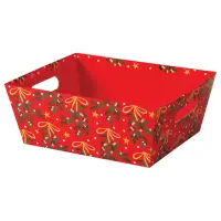 Mistletoe Bows market tray — bright red tray with green mistletoe sprigs, white berries, gold bows and stars, die-cut side handles for gift baskets
