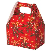 Mistletoe Bows mini gable box — red with mistletoe, holly and gold bows, die-cut top carry handle