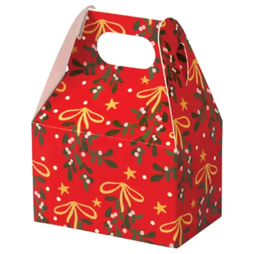 Mistletoe Bows mini gable box — red with mistletoe, holly and gold bows, die-cut top carry handle