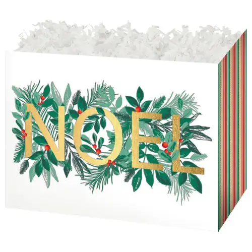 Noel gift basket box — a green Noel design with winter greenery