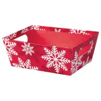 Red & White Snowflakes market tray — red tray covered with white snowflakes, with a solid red interior, die-cut side handles for gift baskets