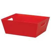Red market tray — solid matte red paperboard tray with an open top, die-cut side handles for gift baskets