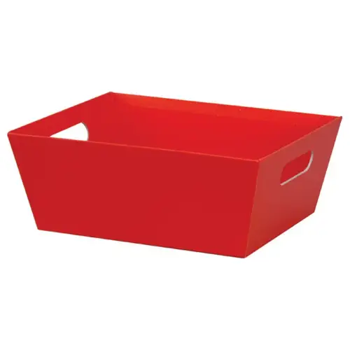 Red market tray — solid matte red paperboard tray with an open top, die-cut side handles for gift baskets