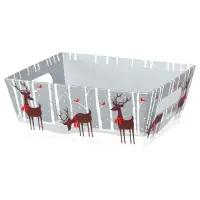 Reindeer Wonderland market tray — grey birch-forest tray with silhouetted reindeer in red scarves and red cardinals, die-cut side handles