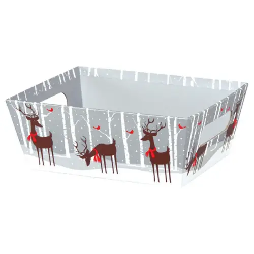Reindeer Wonderland market tray — grey birch-forest tray with silhouetted reindeer in red scarves and red cardinals, die-cut side handles