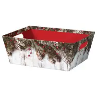 Rustic Winter market tray — whitewashed wood-plank tray with snowy pine boughs, frosted pinecones and red berries, die-cut side handles