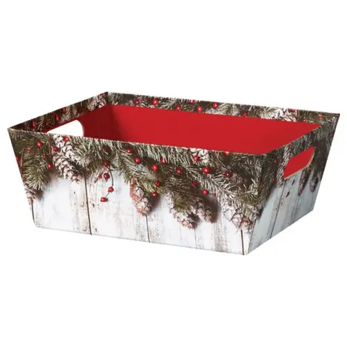 Rustic Winter market tray — whitewashed wood-plank tray with snowy pine boughs, frosted pinecones and red berries, die-cut side handles