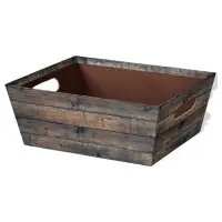 Rustic Wood market tray — dark reclaimed barnwood plank print tray with a galvanized metal-look rim, die-cut side handles for gift baskets