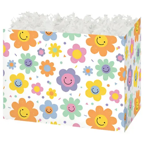 Smiley Flowers gift basket box — bright retro smiley-face daisies