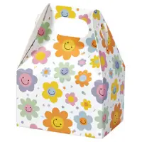 Smiley Flowers mini gable box — bright retro smiley-face daisies, die-cut top carry handle