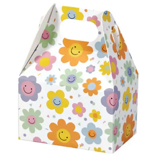 Smiley Flowers mini gable box — bright retro smiley-face daisies, die-cut top carry handle