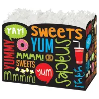 Snack Attack gift basket box — a black box with colorful Sweets and Yum snack graphics