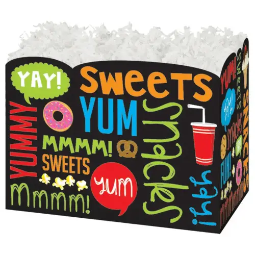 Snack Attack gift basket box — a black box with colorful Sweets and Yum snack graphics
