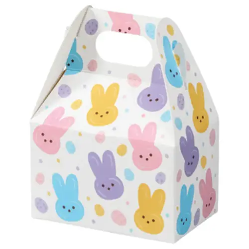 Sweet Bunnies mini gable box — pastel spring bunnies on white, die-cut top carry handle