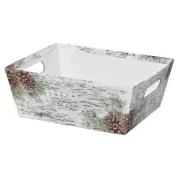 White Birch market tray — white birch-bark tray with green pine sprigs and brown pinecones, die-cut side handles for gift baskets