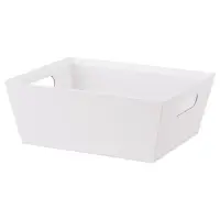 White market tray — solid matte white paperboard tray with an open top, die-cut side handles for gift baskets