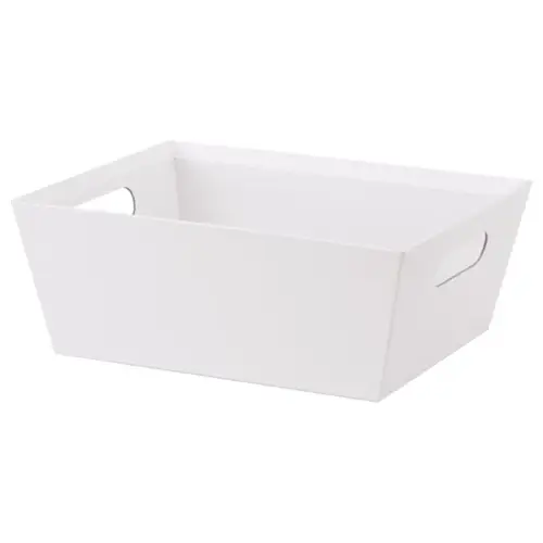 White market tray — solid matte white paperboard tray with an open top, die-cut side handles for gift baskets