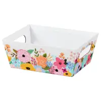 Wildflower Garden market tray — white tray with a colorful watercolor wildflower border in pink, orange, yellow and blue, die-cut side handles