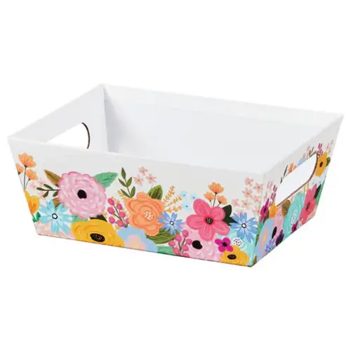 Wildflower Garden market tray — white tray with a colorful watercolor wildflower border in pink, orange, yellow and blue, die-cut side handles