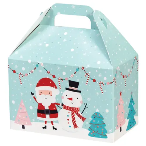 Winter Wonderland large gable box — pale blue snowy scene with a snowman and Santa, die-cut top carry handle