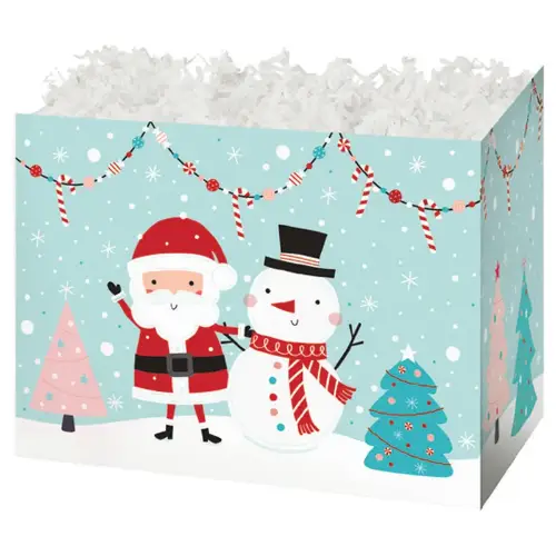 Winter Wonderland gift basket box — a pale blue snowy scene with a snowman and Santa
